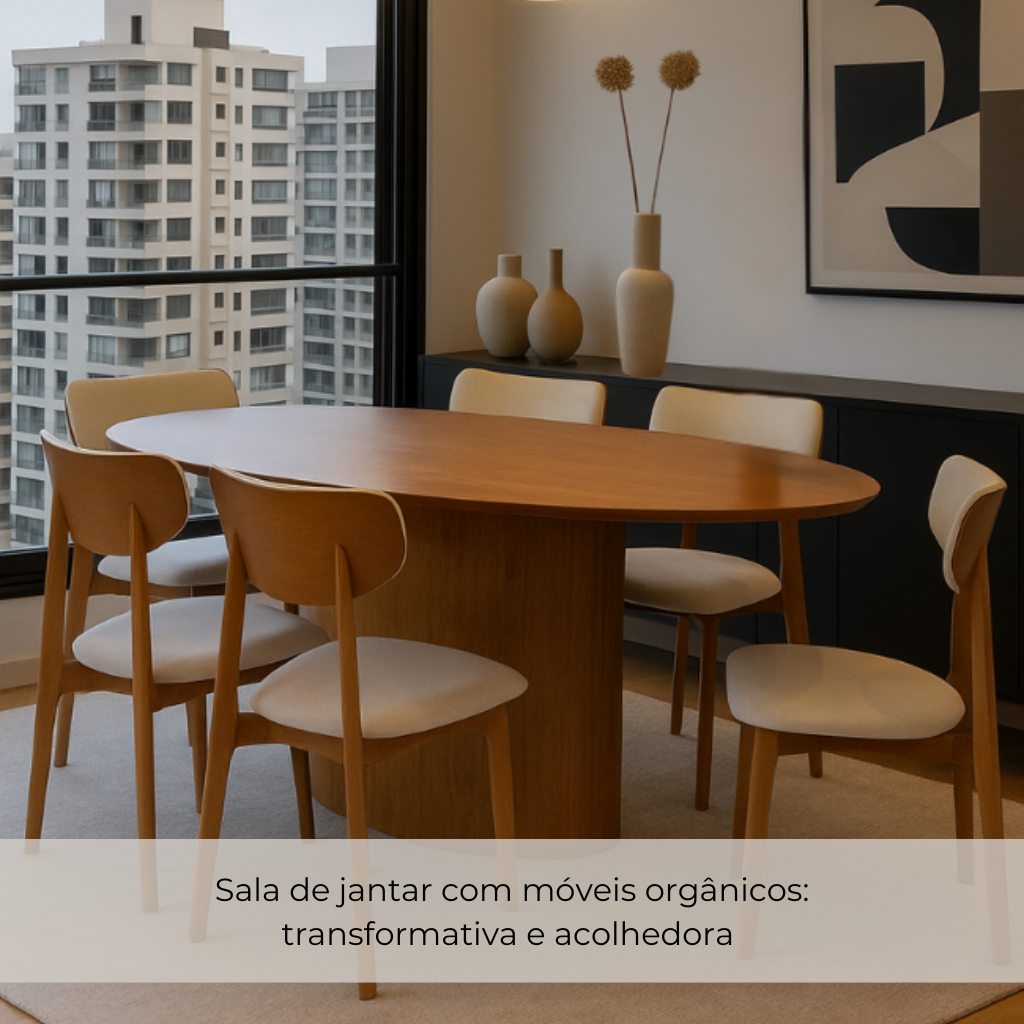 Sala de jantar com móveis orgânicos: transformativa e acolhedora
