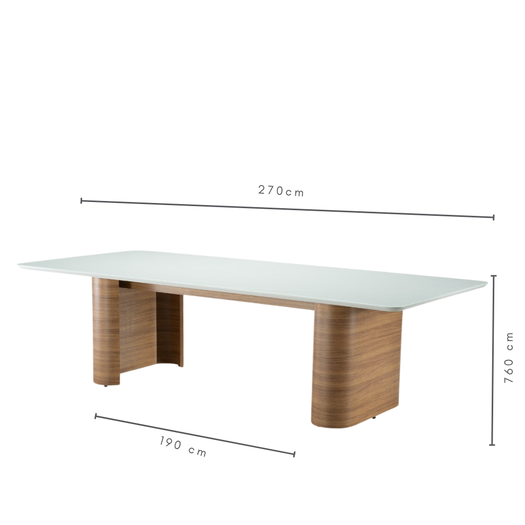 Mesa de Jantar Retangular Georgina Cor Freijó com vidro Off White 270 cm