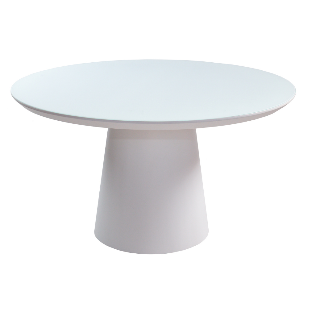 Mesa de Jantar Redonda Merida Base Cone e Tampo Branco 140 cm + 6 Cadeiras Giratória Heloísa Cor Freijó Tecido Frise