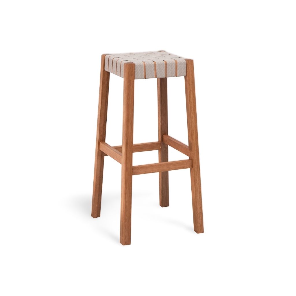 Banqueta de Madeira Alta Cor Stain Castanheira Assento em Fita Bege