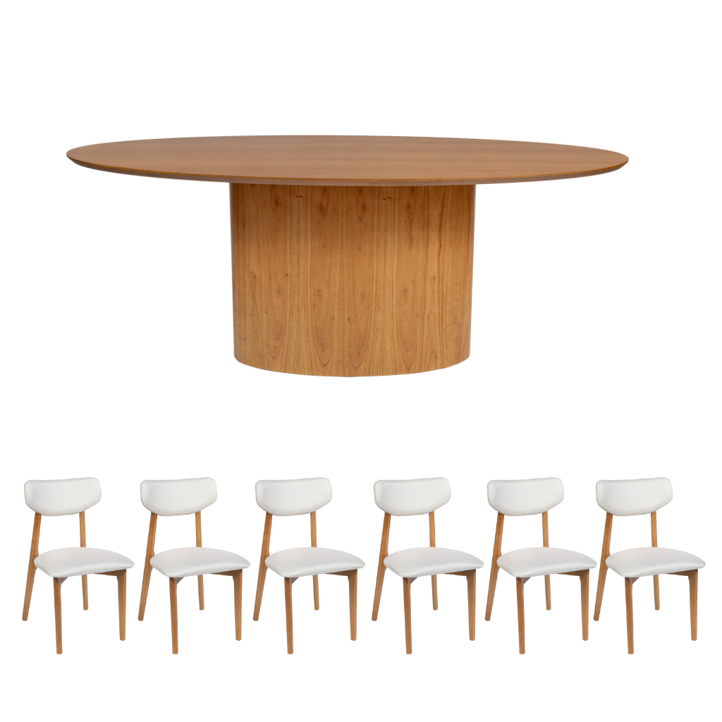 Mesa de Jantar Savana com Tampo e Base Oval 200x100 em Cinamomo + 6 Cadeiras de Jantar Paris Cor Amêndoa Tecido Bellagi