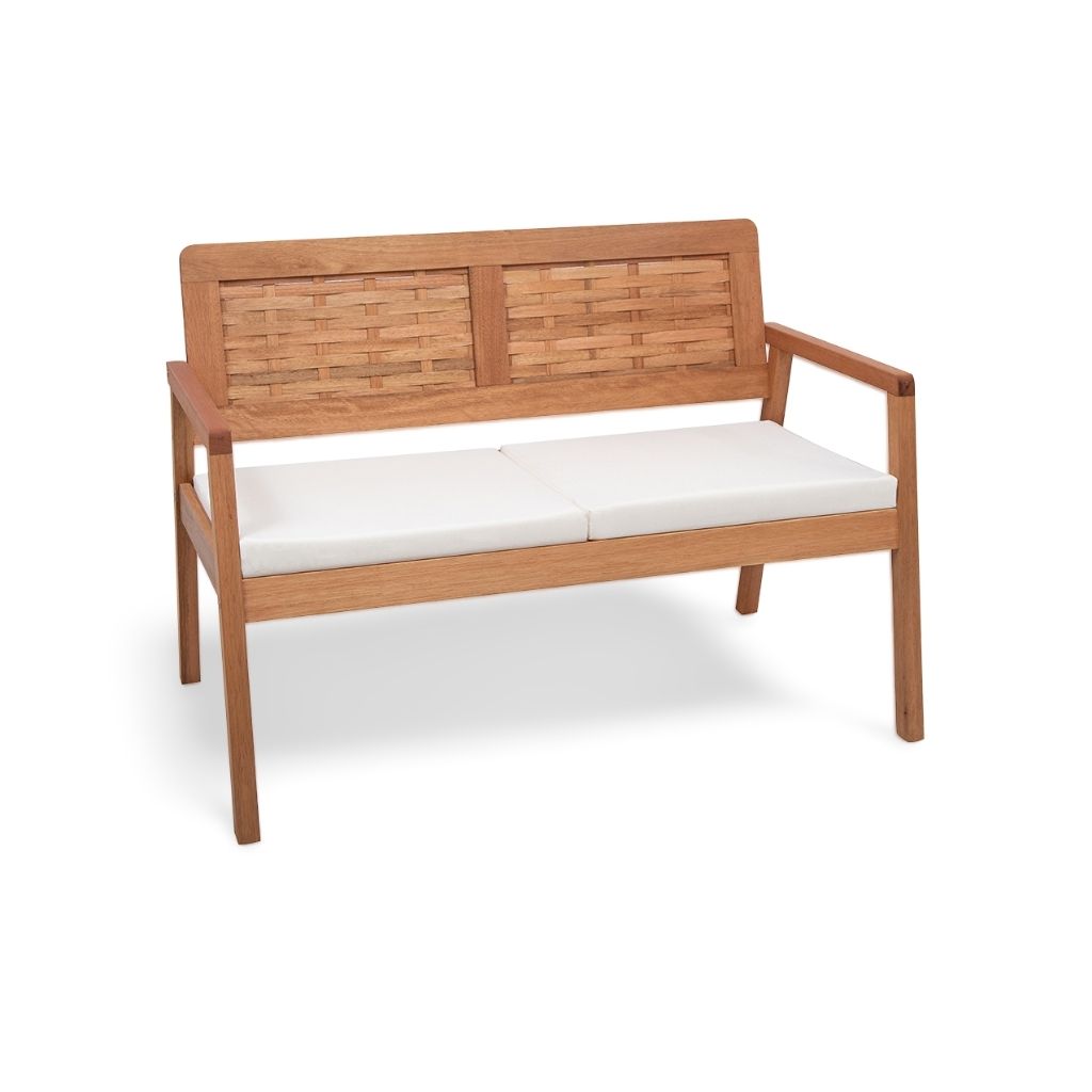 Sofá 2 Lugares Tulipa Em Madeira Trançado Cor Stain Castanheira com Tecido Bege Acquablock