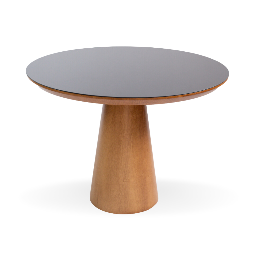 Mesa de Jantar Redonda Gabriela Cone Amêndoa Tampo Amêndoa e Vidro Sobreposto Preto 120 cm