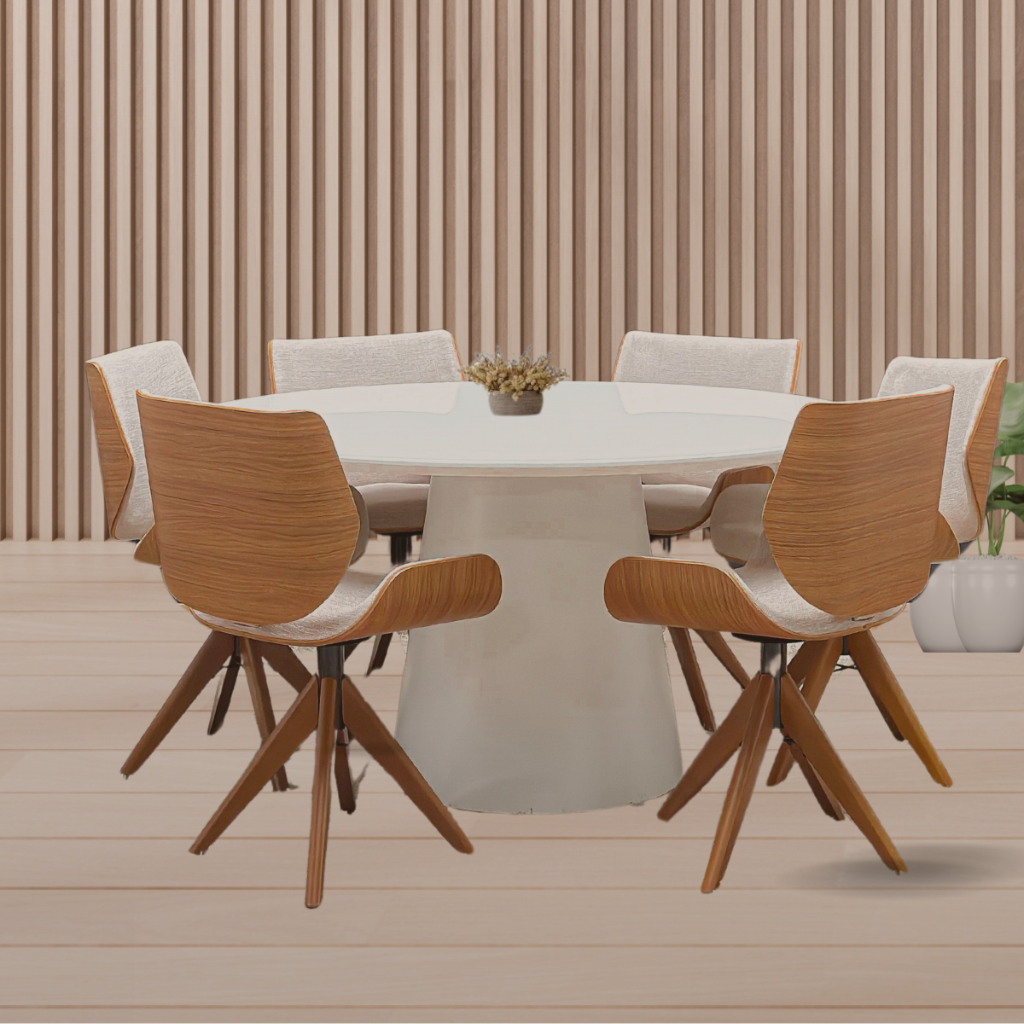 Mesa de Jantar Redonda Merida Base Cone e Tampo Branco 140 cm + 6 Cadeiras Giratória Heloísa Cor Freijó Tecido Frise