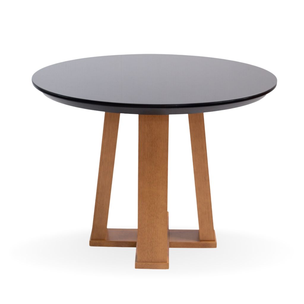 Mesa de Jantar Redonda Catarina Base X Amêndoa e Tampo Preto com Vidro Sobreposto Preto 110 cm