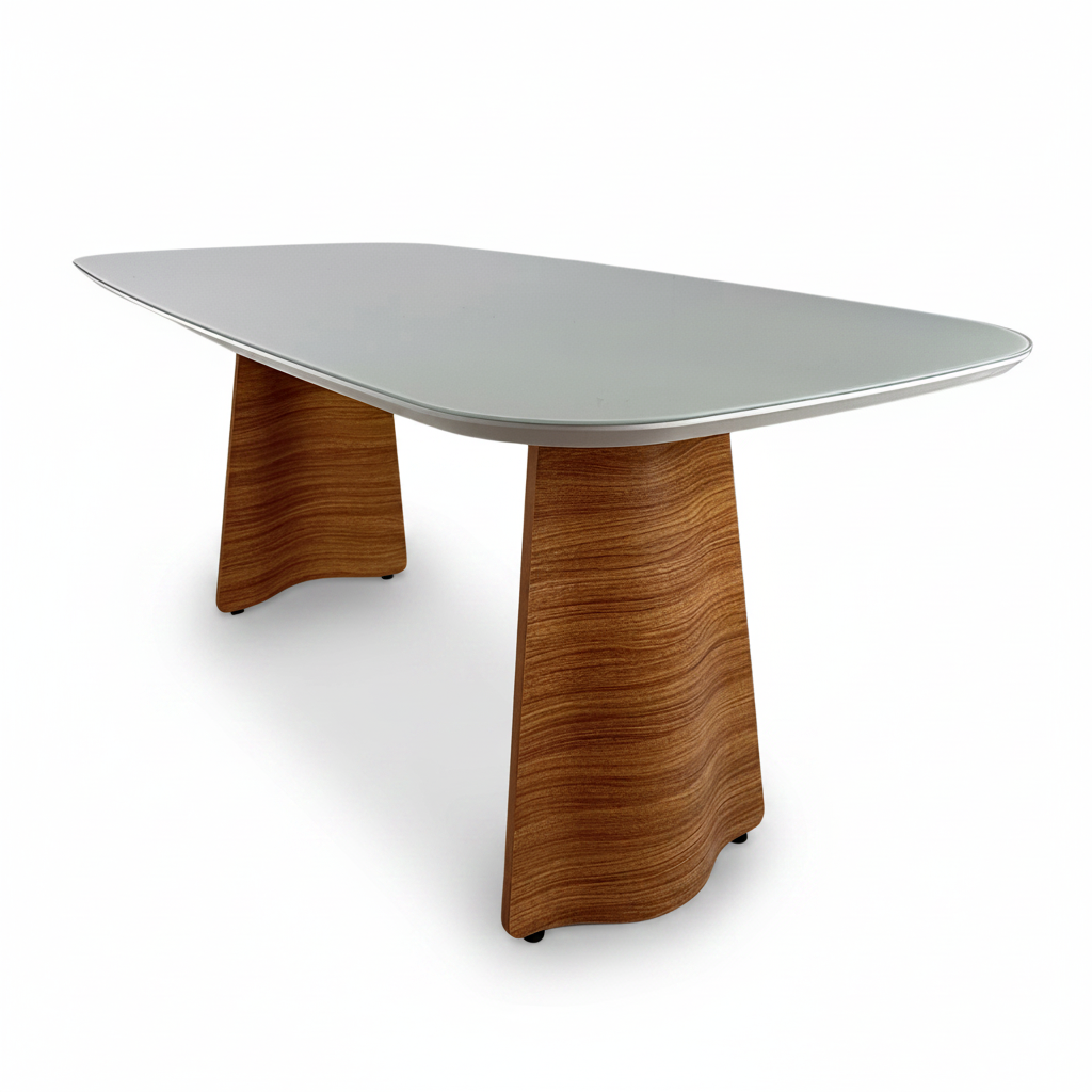 Mesa de jantar retangular Marcela 6 lugares, cor Freijó, tampo em vidro Off White, base curva em Multi-HDF, 180x90cm – KRAVO urban design