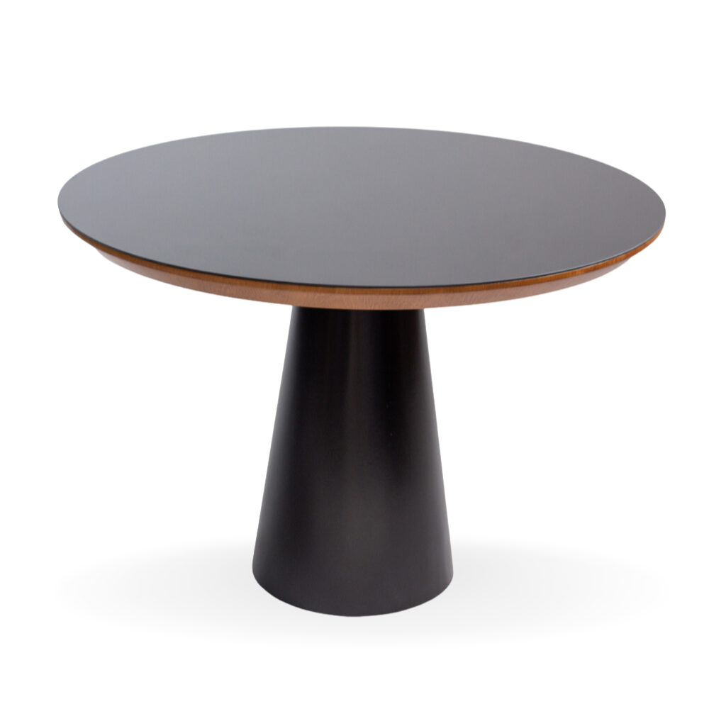 Mesa de Jantar Redonda Charlotte Base Cone Preto e Tampo Amêndoa e Vidro Preto 110 cm