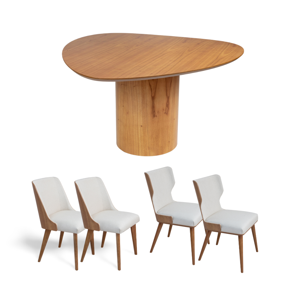 Mesa de Jantar Palheta com Tampo Triangular 140 em Cinamomo + 2 Cadeiras de Jantar Malu + 2 Cadeiras de Jantar Gina