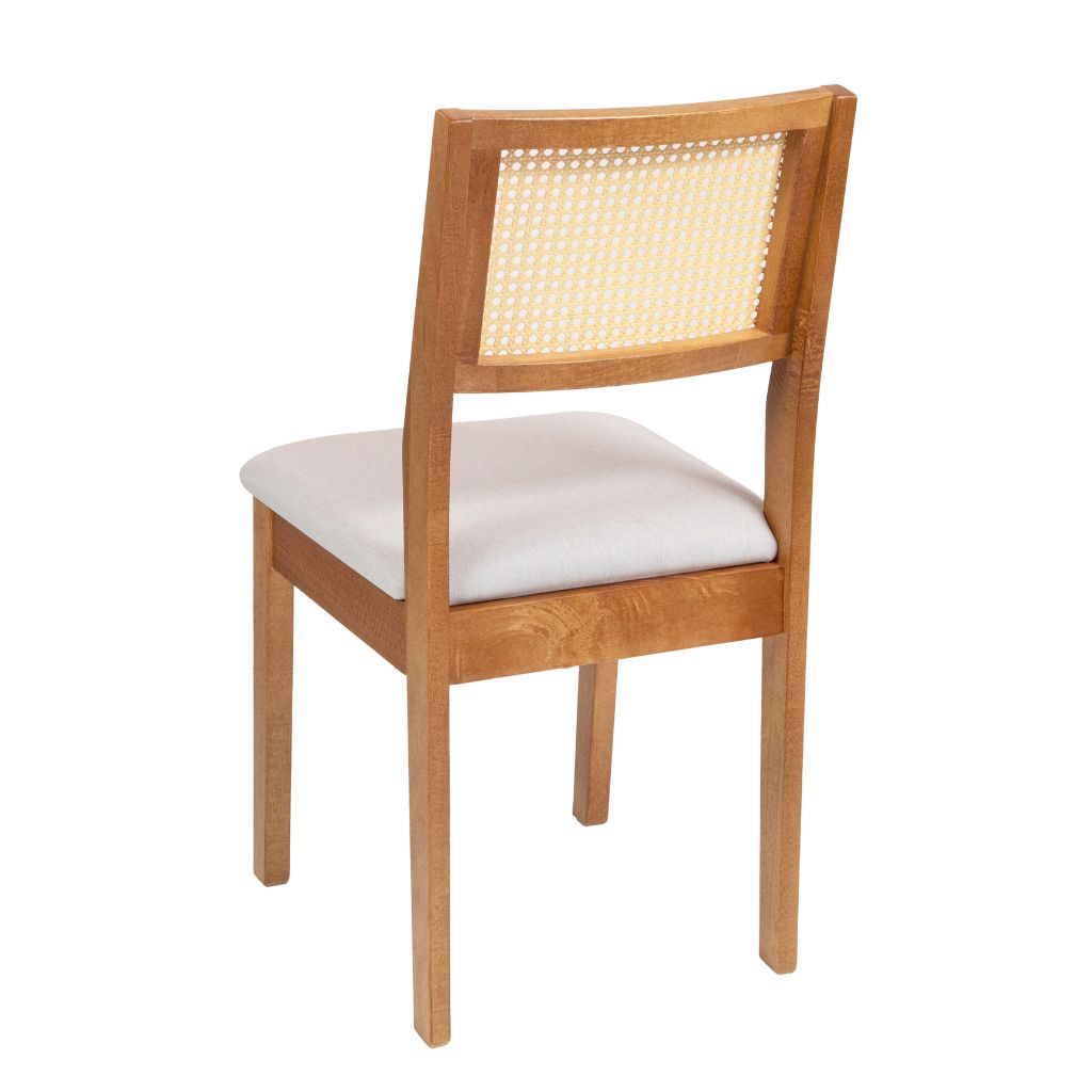 Cadeira de Madeira com Tela Sextavada Silvia Cor Freijó Tecido Linho Creme - Kit com 2