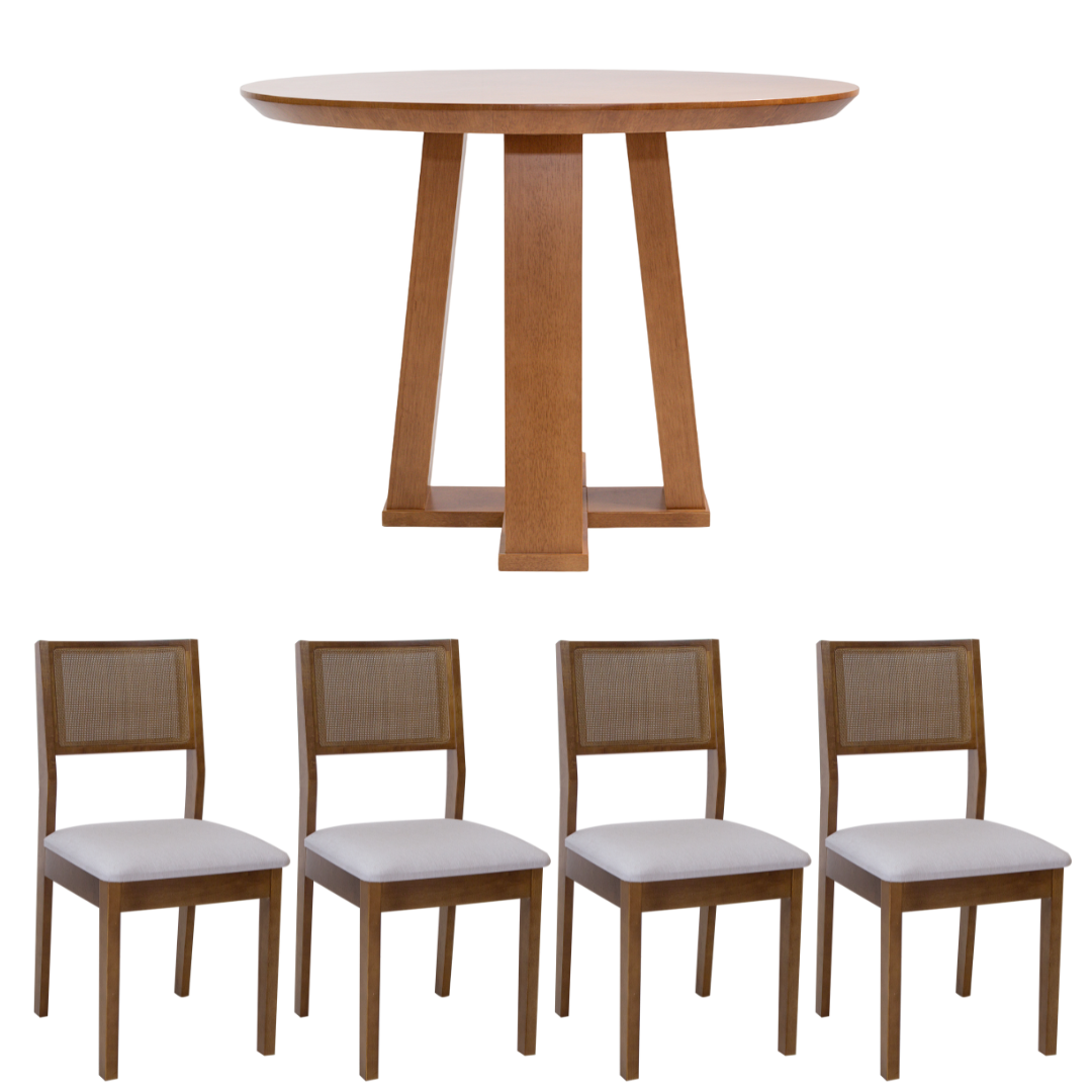 Mesa Redonda Rachel Base X e Tampo Amêndoa 110 cm + 4 Cadeiras Silvia Cor Imbuia com Trama Natural e Tecido Linho Conjunto