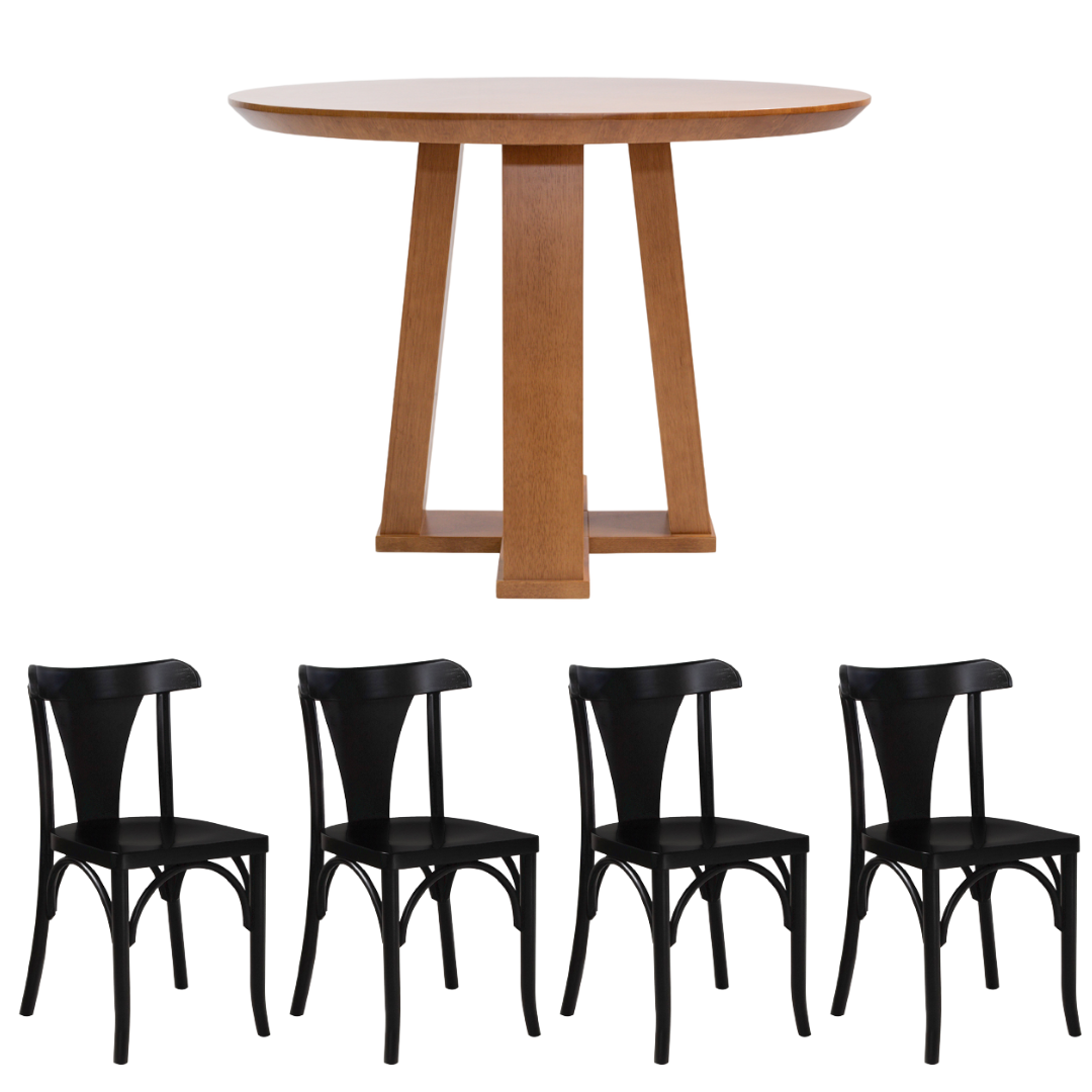 Mesa Redonda Rachel Base X e Tampo Amêndoa 110 cm + 4 Cadeiras Ana Cor Laca Preta Fosca Conjunto