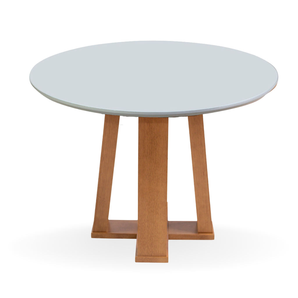 Mesa de Jantar Redonda Atenas Base X Amêndoa e Tampo Branco 110 cm