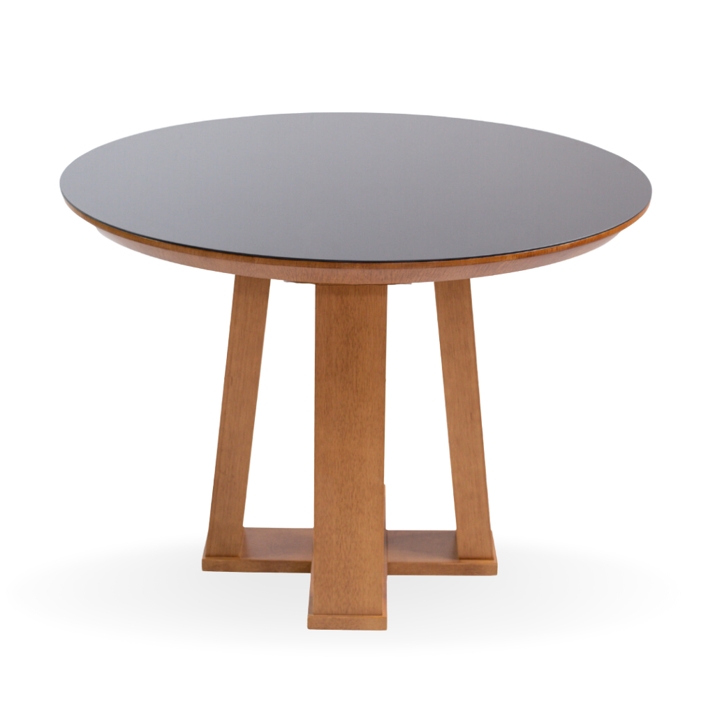Mesa de Jantar Redonda Camila Base X Tampo Amêndoa com Vidro Sobreposto Preto 110 cm