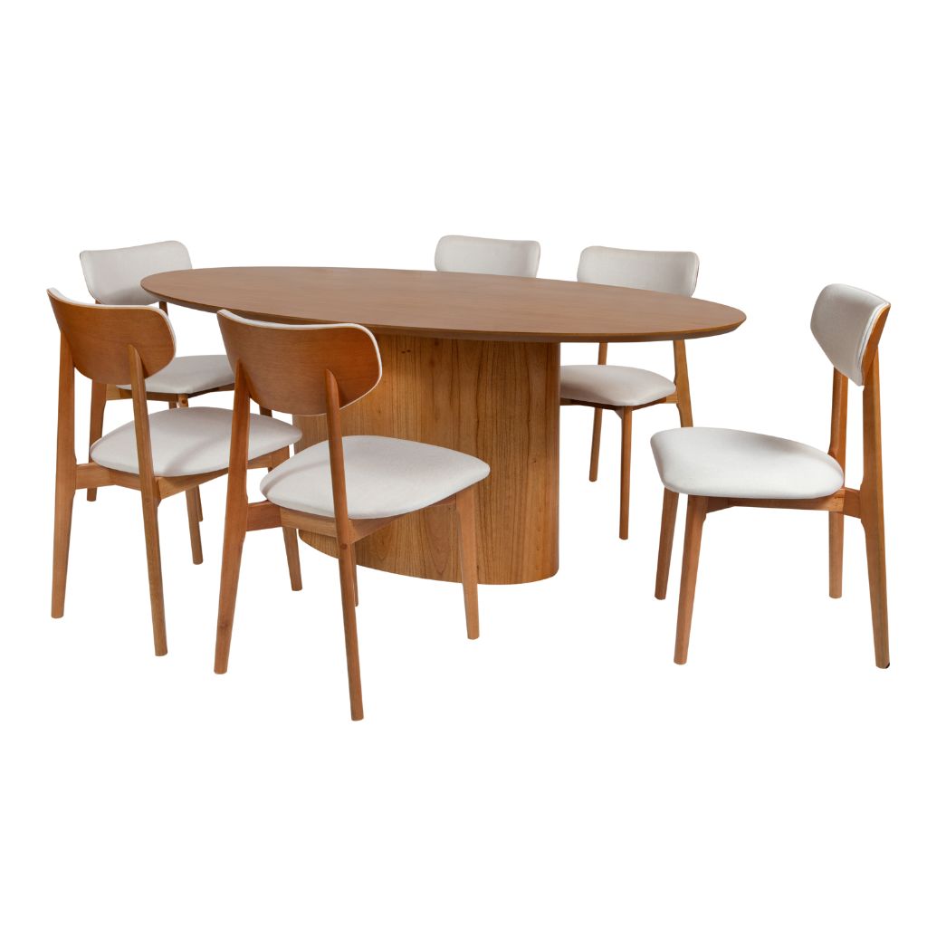 Mesa de Jantar Savana com Tampo e Base Oval 200x100 em Cinamomo + 6 Cadeiras de Jantar Paris Cor Amêndoa Tecido Bellagi