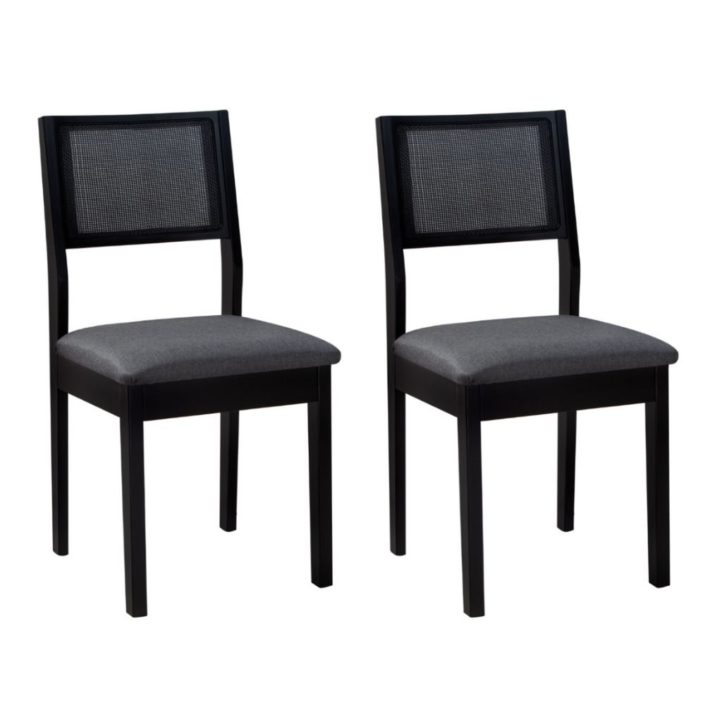 Mesa de Jantar Margô Cone/Tampo Amêndoa e Vidro Preto 110cm + 4 Cadeiras com Telinha Silvia Preta Tecido Linho Escuro