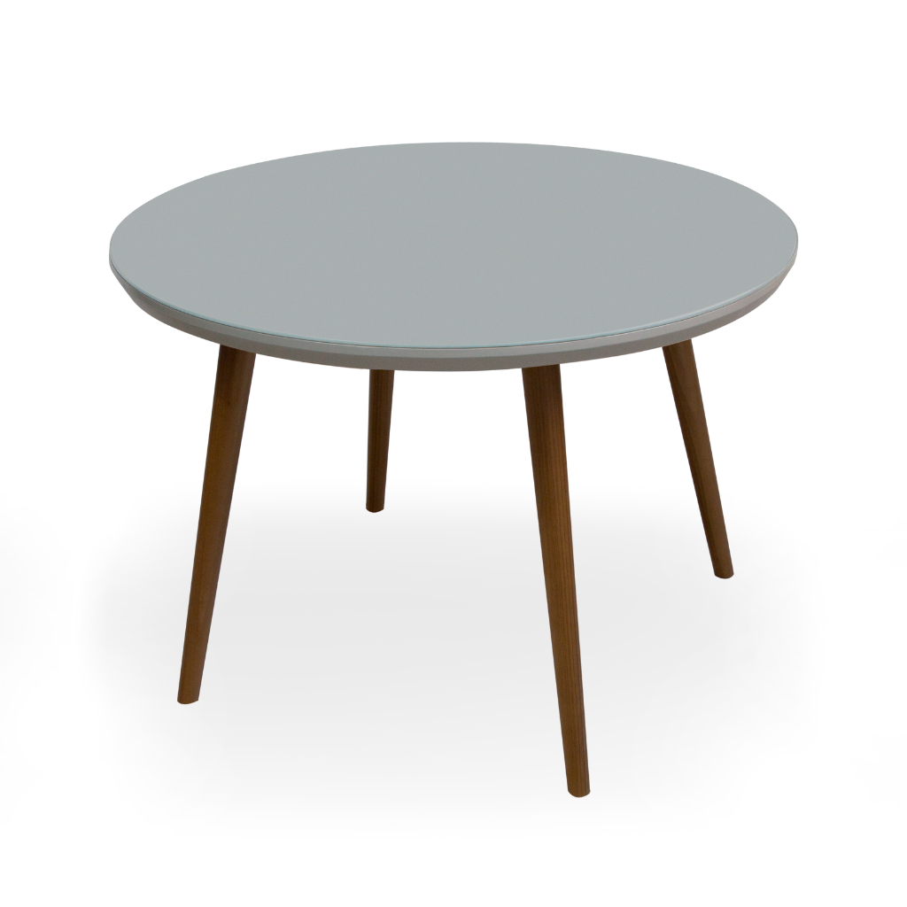 Mesa de Jantar Redonda Agnes Pés Palitos Amêndoa Tampo Fendi Com Vidro Fendi Sobreposto 120 cm