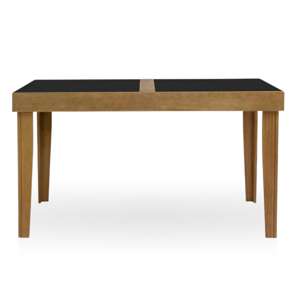 Mesa Extensível Estelita 4 e 6 Lugares Amêndoa com Tampo de Vidro Preto