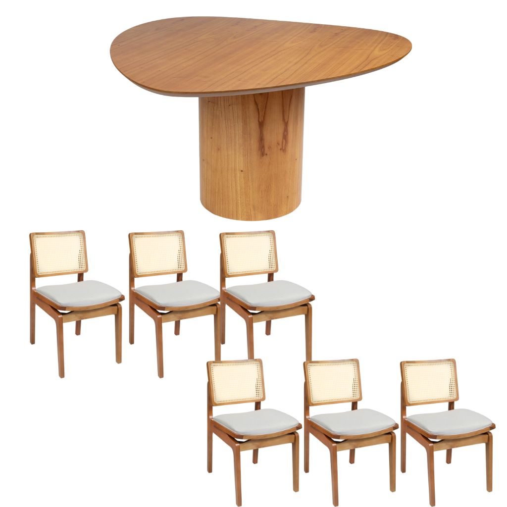 Mesa de Jantar Palheta Tampo Triangular 140 Base Cilíndrica em Cinamomo + 6 Cadeiras Florença Tela Sextavada
