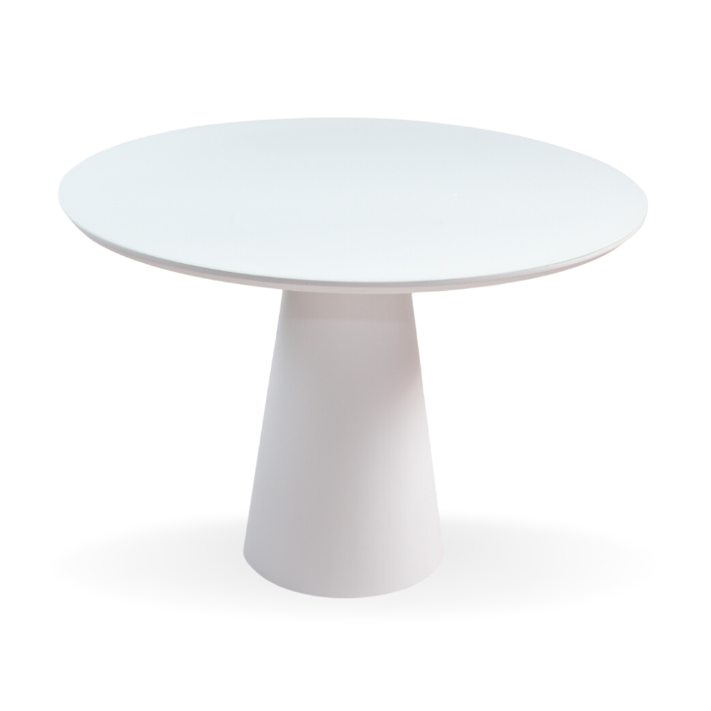 Mesa de Jantar Redonda Nona Base Cone Branco e Tampo Branco Com Vidro 110 cm
