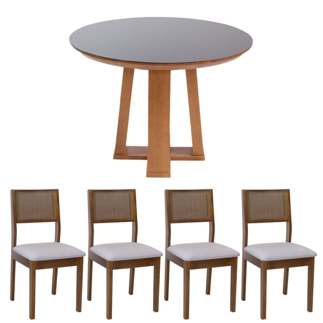 Mesa Jantar Redonda Camila Base X Tampo Amêndoa Vdr Sobreposto Preto 110 cm + 4 Cadeiras Silvia Cor Imbuia Trama natural