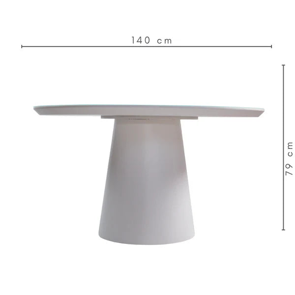 Mesa de Jantar Redonda Merida Base Cone e Tampo Branco 140 cm + 6 Cadeiras Giratória Heloísa Cor Freijó Tecido Frise