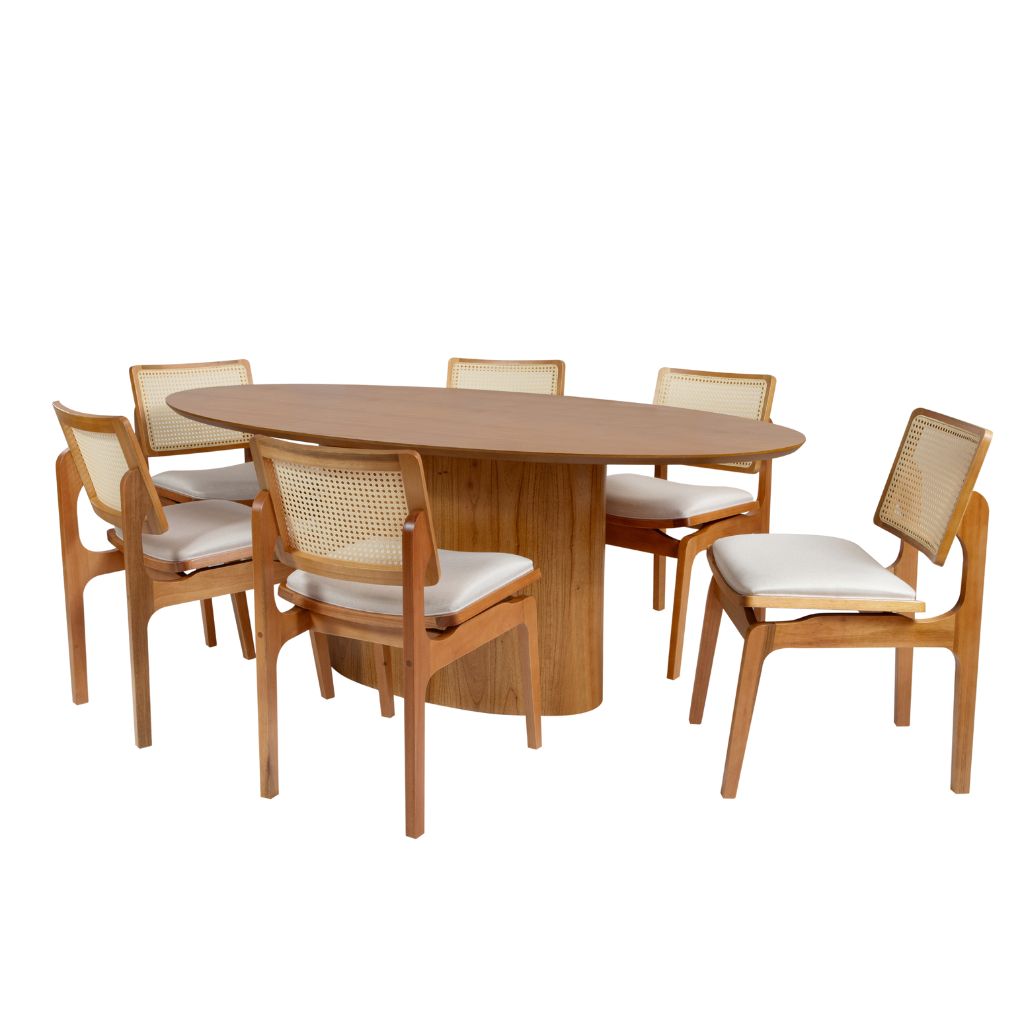 Mesa de Jantar Savana com Tampo e Base Oval 200x100 em Cinamomo + 6 Cadeiras Florença com Tela Sextavada Cor Amêndoa