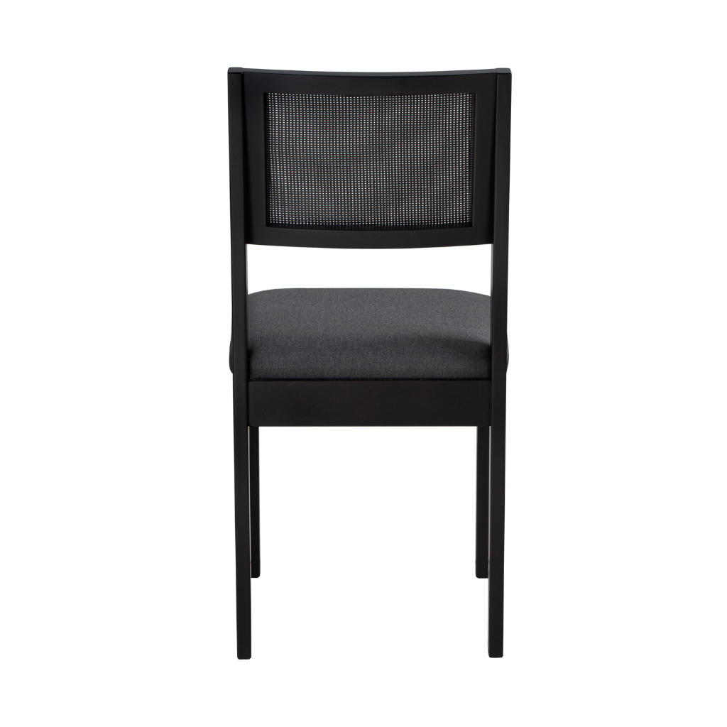 Mesa de Jantar Margô Cone/Tampo Amêndoa e Vidro Preto 110cm + 4 Cadeiras com Telinha Silvia Preta Tecido Linho Escuro