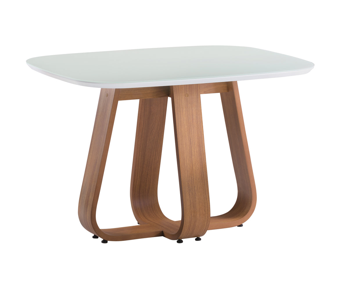 Mesa de Jantar Retangular Helena Cor Freijó com vidro Off White 117 cm + 4 Cadeiras Paris Amêndoa Tecido Bege