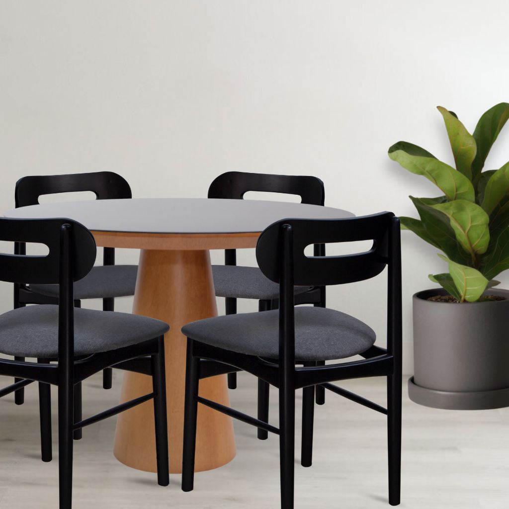 Mesa de Jantar Redonda Margô Cone/Tampo Amêndoa e Vidro Preto 110cm + 4 Cadeiras Madeira Luana Cor Preta e Tecido Linho