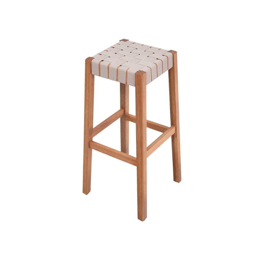Banqueta de Madeira Alta Cor Stain Castanheira Assento em Fita Bege