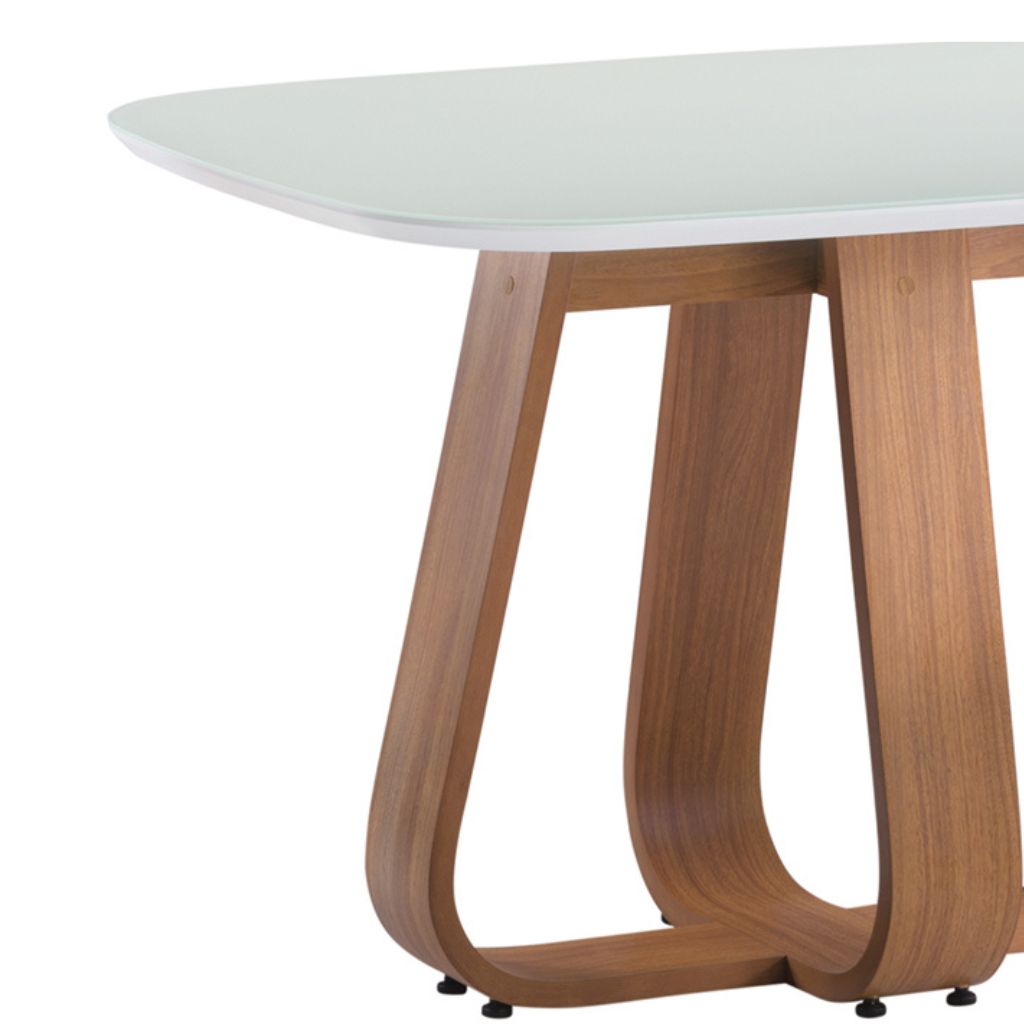 Mesa de Jantar Retangular Helena Cor Freijó com vidro Off White 117 cm + 4 Cadeiras Paris Amêndoa Tecido Bege
