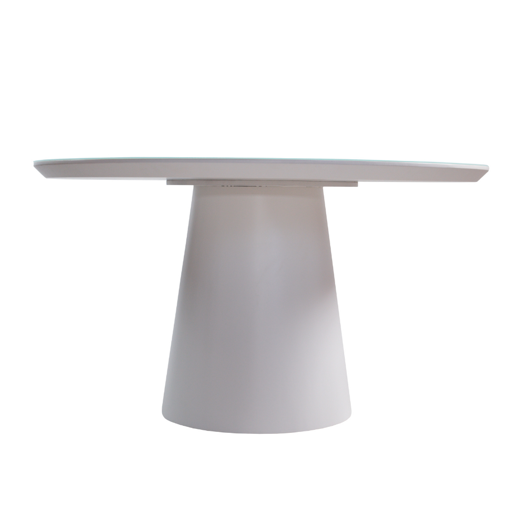 Mesa de Jantar Redonda Merida Base Cone e Tampo Branco 140 cm + 6 Cadeiras Giratória Heloísa Cor Freijó Tecido Frise