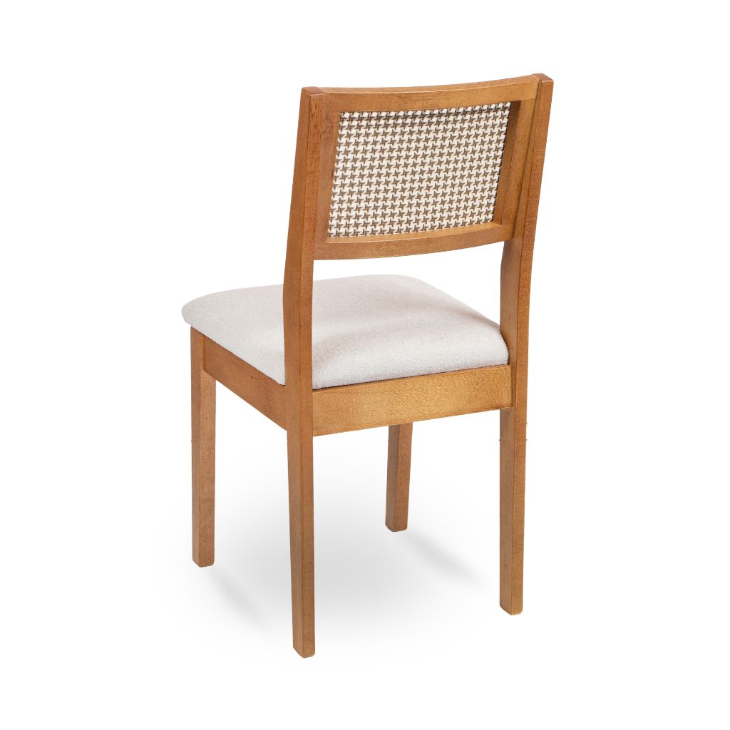 Cadeira de Madeira com Tela Sextavada Mesclada Silvia Cor Freijó Tecido Bouclé Creme - Kit com 2