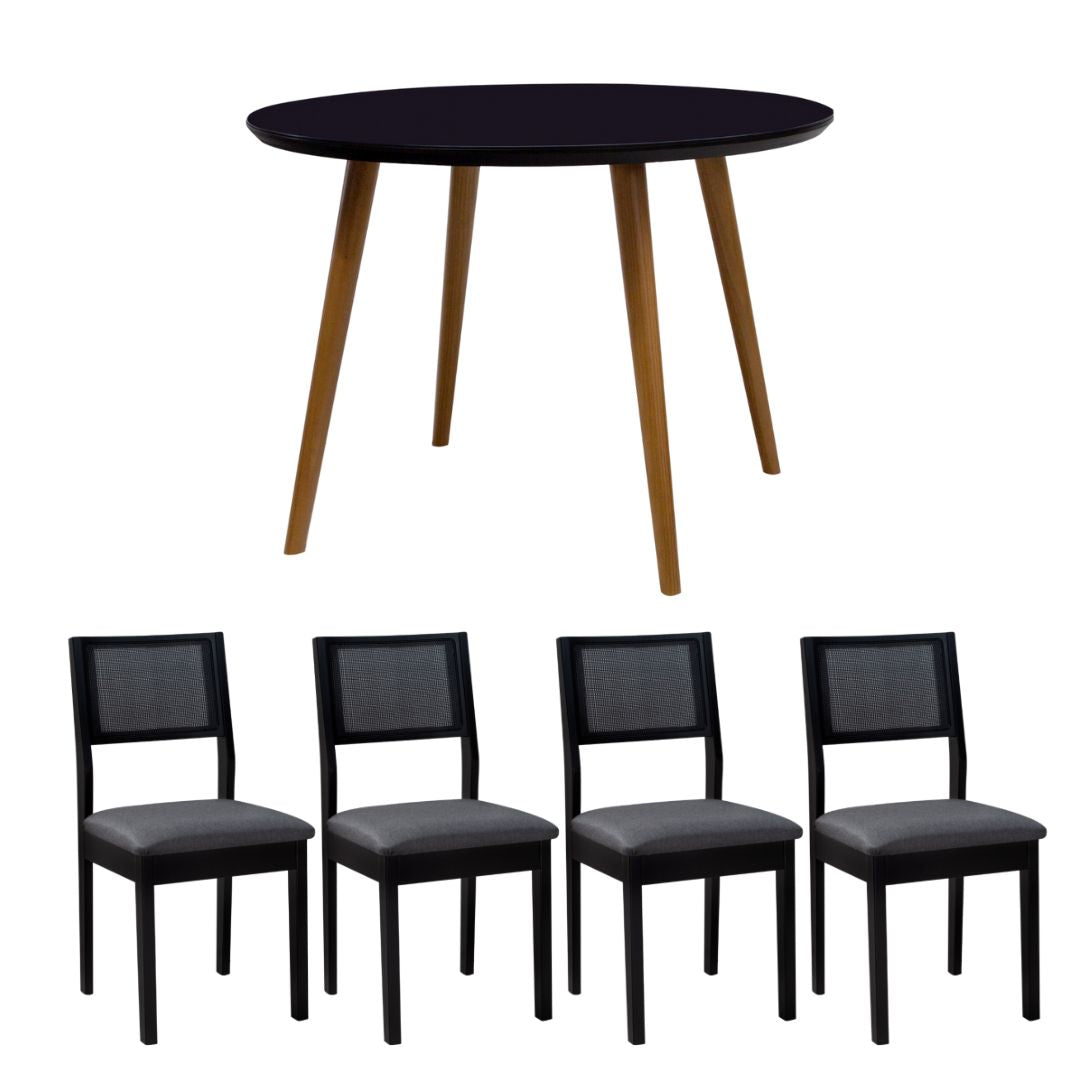 Mesa Redonda Angela Pés Palitos Tampo Vdr Sobreposto preto 110 cm + 4 Cadeiras Madeira Trama Natural Silvia Preto