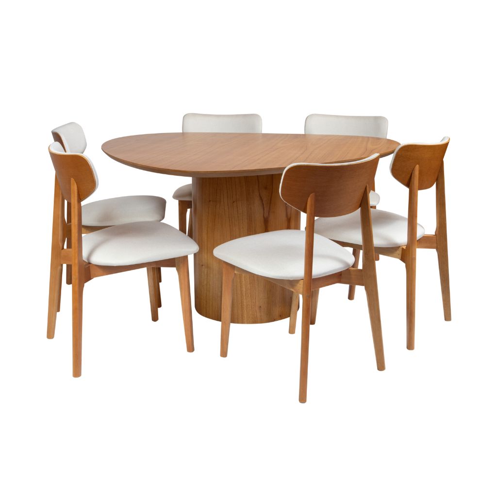 Mesa de Jantar Palheta com Tampo Triangular 140 e Base Cilíndrica em Cinamomo + 6 Cadeiras Paris Amêndoa Tecido Bege