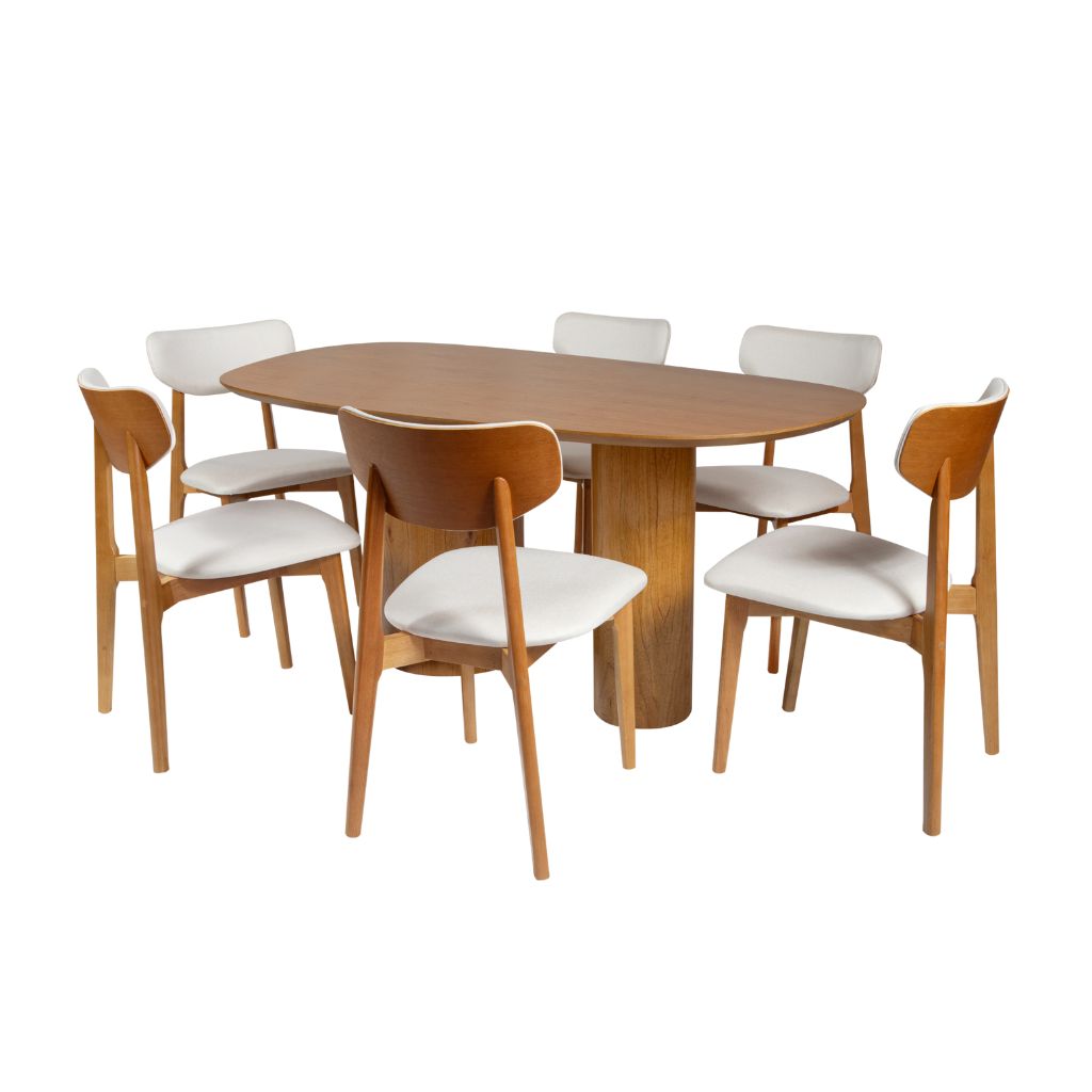 Mesa de Jantar Orgânica Luna 180x100 Cinamomo + 6 Cadeiras Paris Cor Amêndoa Tecido Bellagio Soft Bege