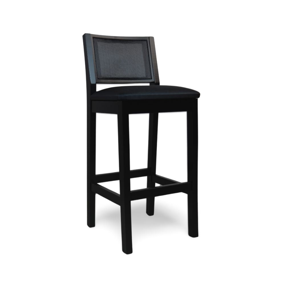 Banqueta de Madeira com Telinha e Estofado Silvia cor Preto Tecido Facto Preto Baixa