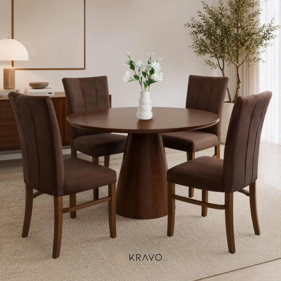 Mesa de Jantar Redonda Regina Base Cone Castanho e Tampo Castanho 120 cm