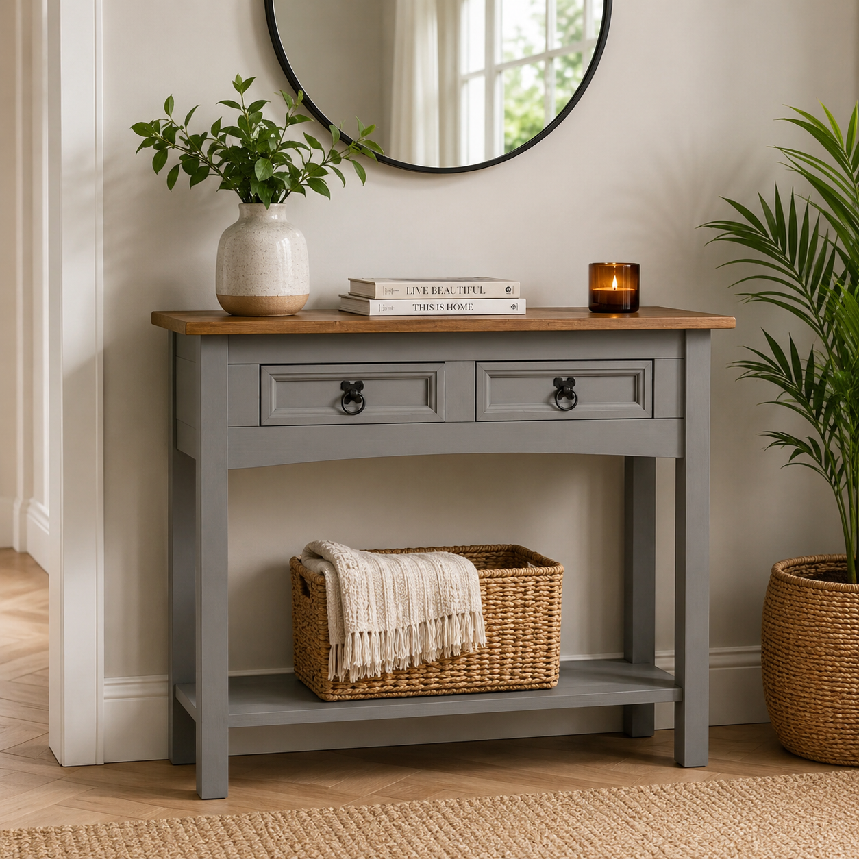Aparador de Sala ou Cozinha com 2 Gavetas Cinza com Madeira Natural Boho