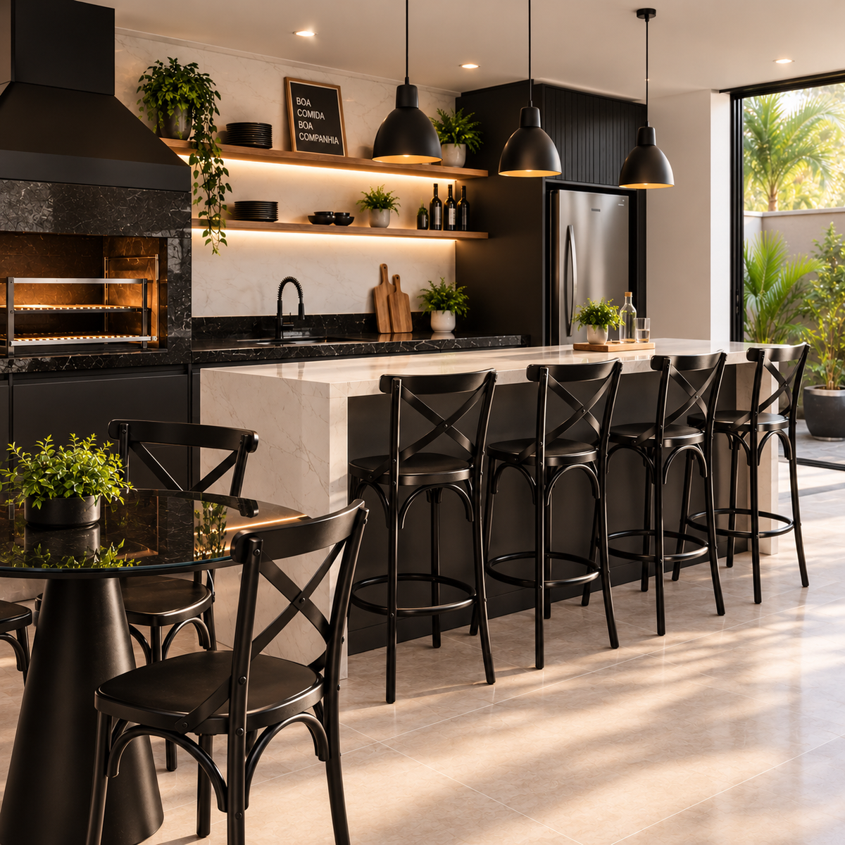Banqueta de Madeira X Boho Cor Preta Fosca Baixa