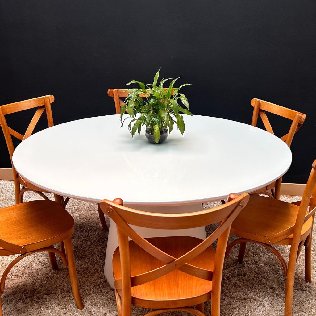 Mesa de Jantar Redonda Merida Base Cone Branca e Tampo Branco 140 cm