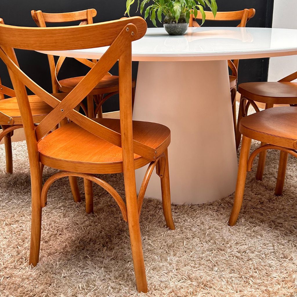 mesa branca cadeira amendoa cadeira encosto X cadeira estilo boho marrom claro sala de jantar