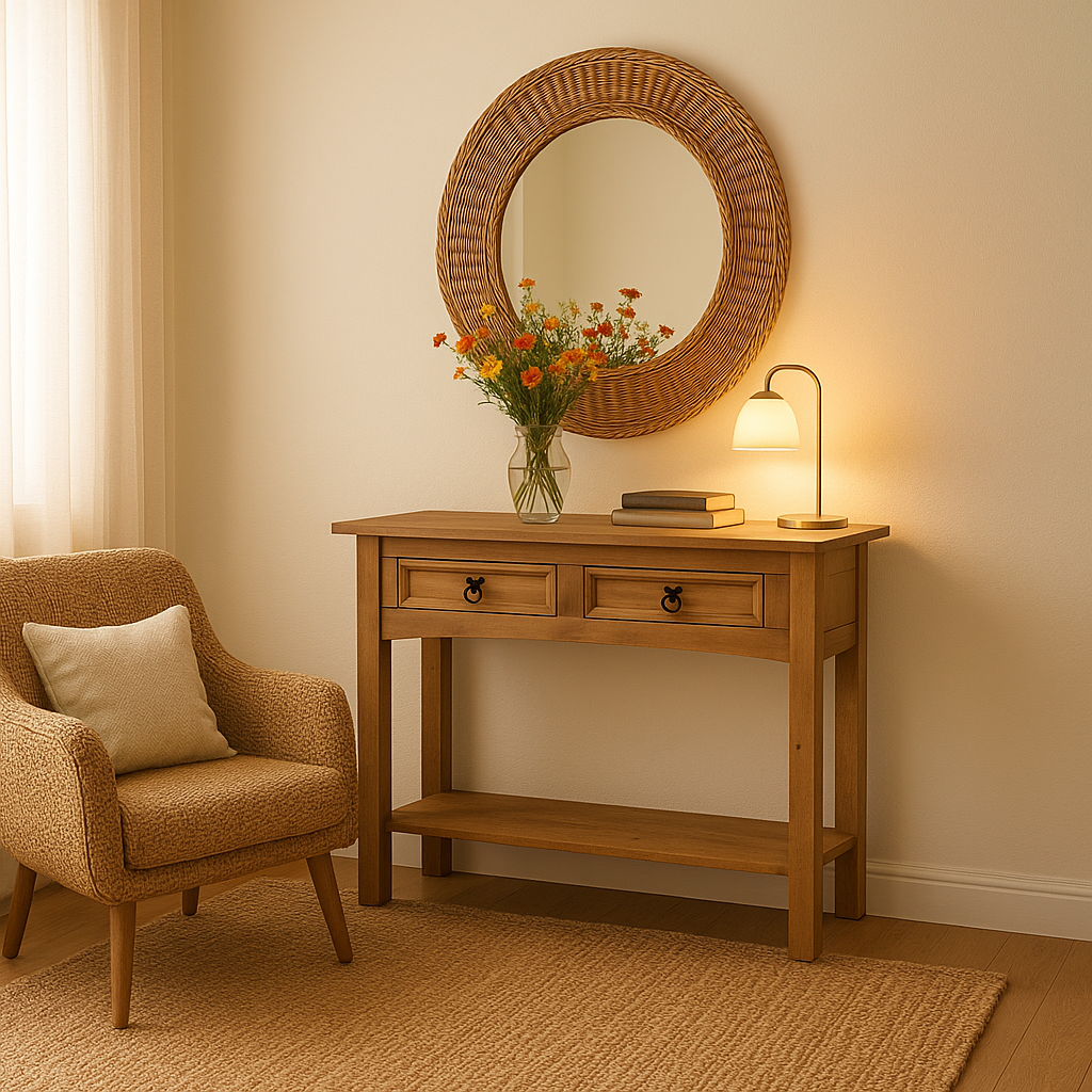 Aparador de Sala com 2 gavetas em Madeira Cera Natural Estilo Boho