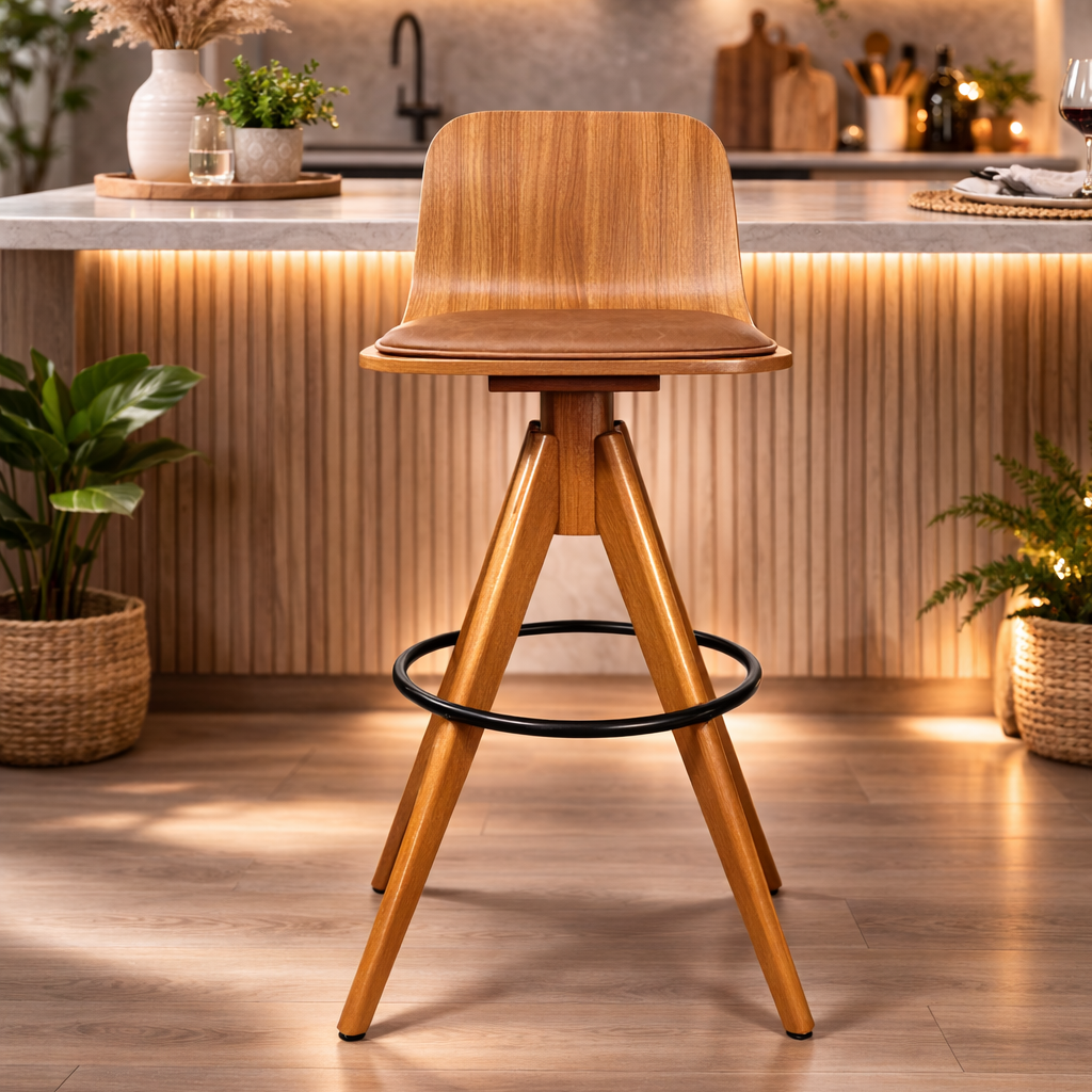 Banqueta Estofada Fixa Marina Cor Freijó Assento em Couríssimo Camel