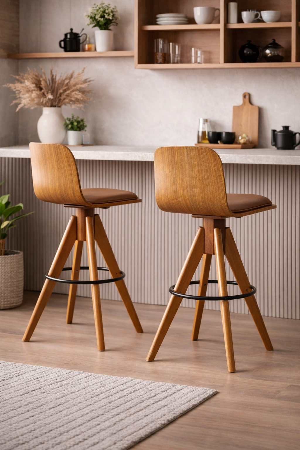 Banqueta Estofada Fixa Marina Cor Freijó Assento em Couríssimo Camel