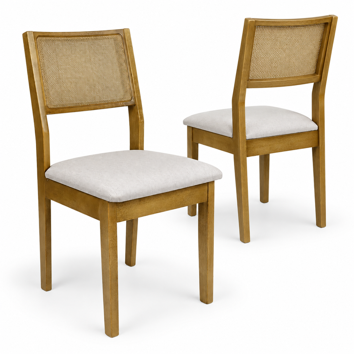 Cadeira de Madeira com Telinha Silvia Cor Amêndoa Tecido Linho Creme - Kit com 2