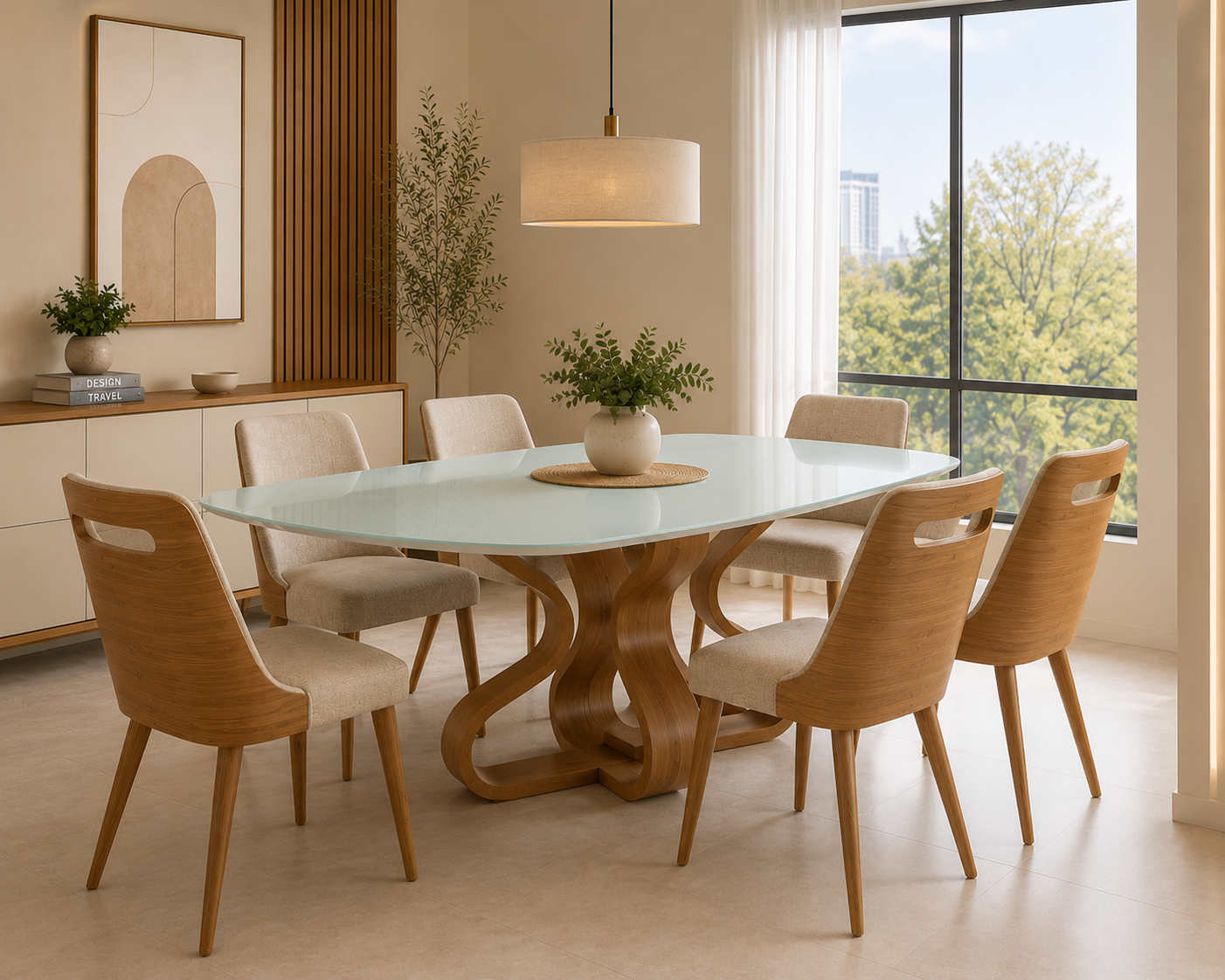Mesa de Jantar Daiana Cor Freijó com vidro Off White 4 e 6 lugares