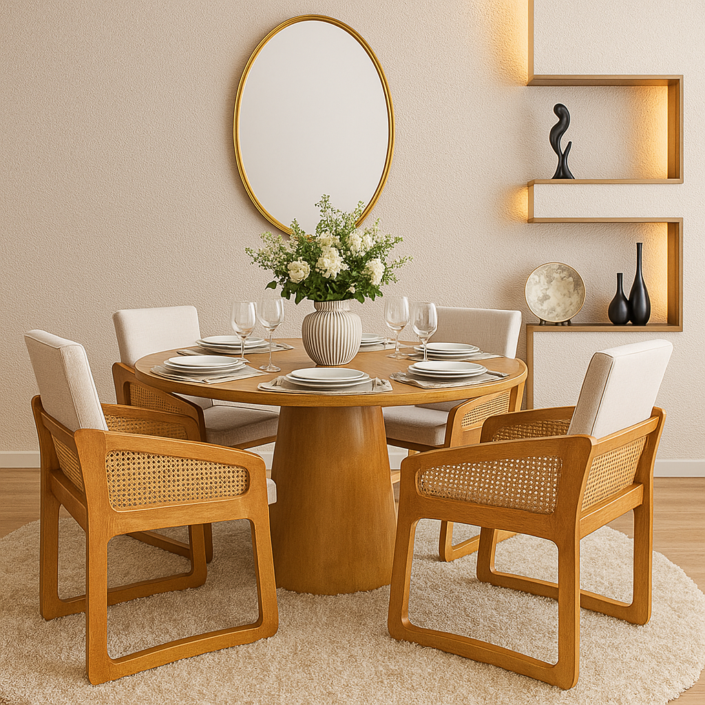 Cadeira de Madeira com Telinha Amália Cor Freijó Tecido Linho Bege