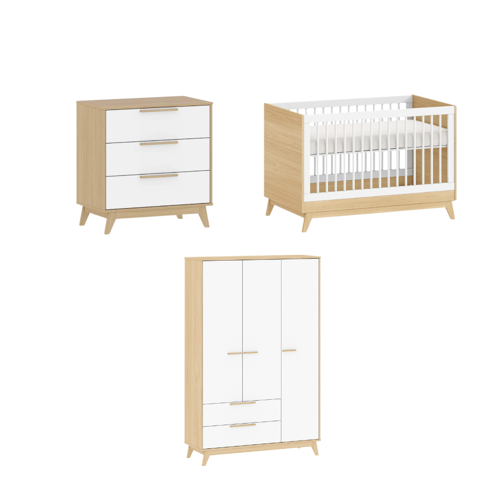 Conjunto Quarto Bebê: Berço + Cômoda 3 Gavetas + Guarda Roupa 3 Portas e 2 Gavetas Petit Branco e Carvalho