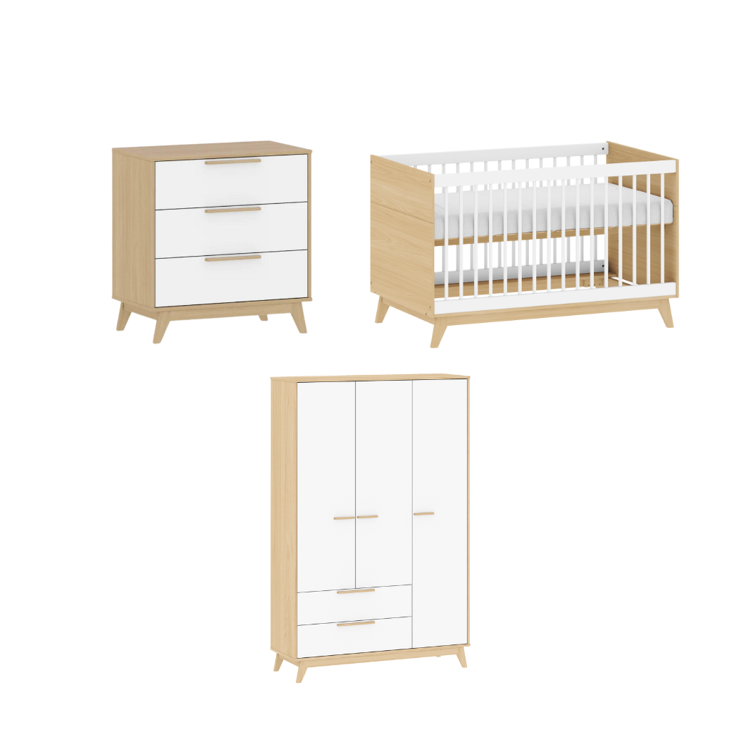 Conjunto Quarto Bebê: Berço + Cômoda 3 Gavetas + Guarda Roupa 3 Portas e 2 Gavetas Petit Branco e Carvalho